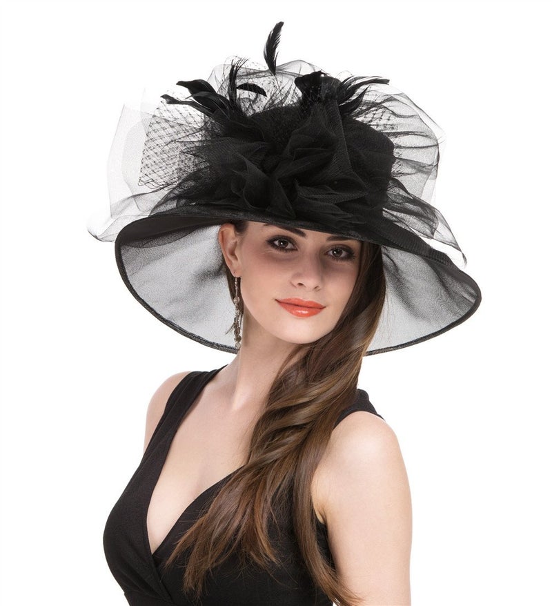 SAFERIN Womens Church Dress Wedding Veil Floral Tea Party Hat Black Feather Mesh Flower Free Size - Image 5